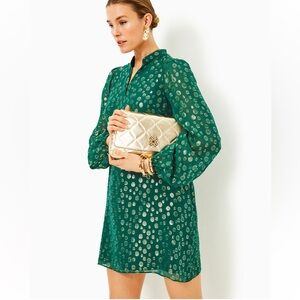 EUC Lilly Pulitzer Lauralyn Silk Dress Villa Green Gold Bubbly Clip